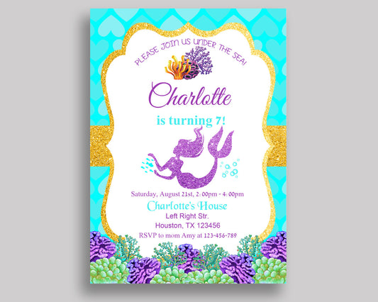 Mermaid Birthday Invitation Mermaid Birthday Party Invitation Mermaid Birthday Party Mermaid Invitation Girl under the sea, glitter PFHEP - Digital Product