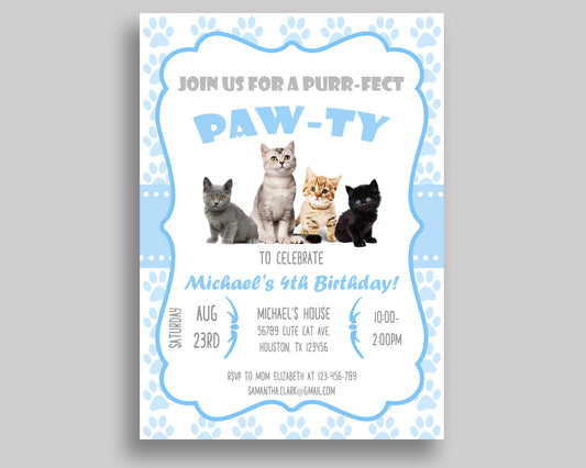 Cat Birthday Invitation Cat Birthday Party Invitation Cat Birthday Party Cat Invitation Boy kitty paw, cute kitten, digital invite HG8OX - Digital Product