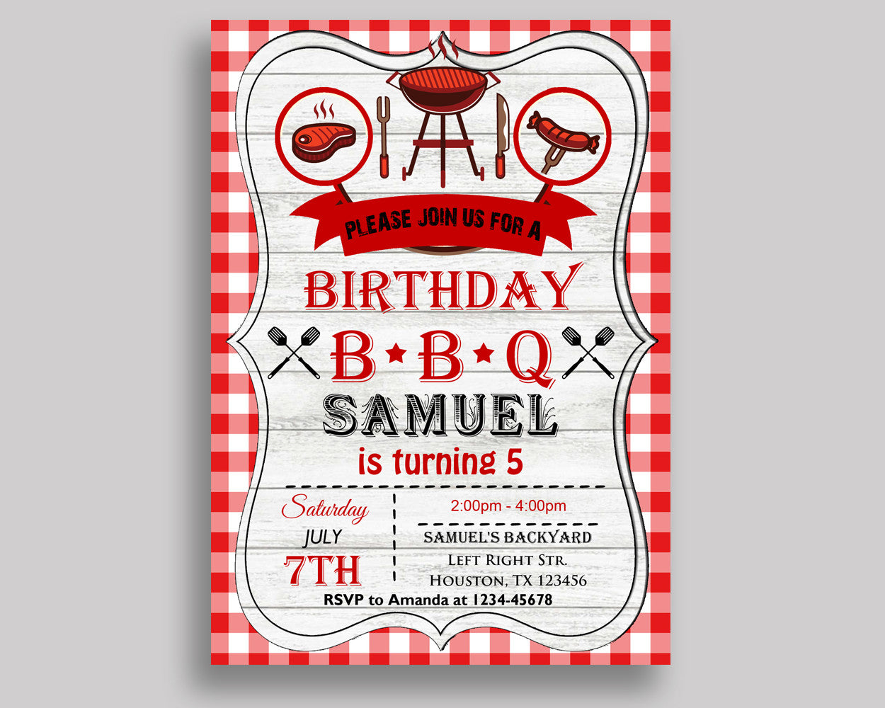 Barbecue Birthday Invitation Barbecue Birthday Party Invitation Barbecue Birthday Party Barbecue Invitation Boy Girl gingham H3YXW - Digital Product