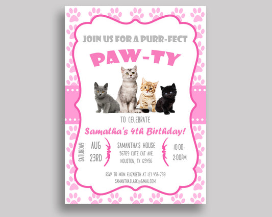 Cat Birthday Invitation Cat Birthday Party Invitation Cat Birthday Party Cat Invitation Girl kitten paw, kitty, digital download INHA8 - Digital Product