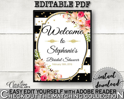 Bridal Shower Welcome Sign Editable in Flower Bouquet Black Stripes Bridal Shower Black And Gold Theme, editable door sign, prints - QMK20 - Digital Product