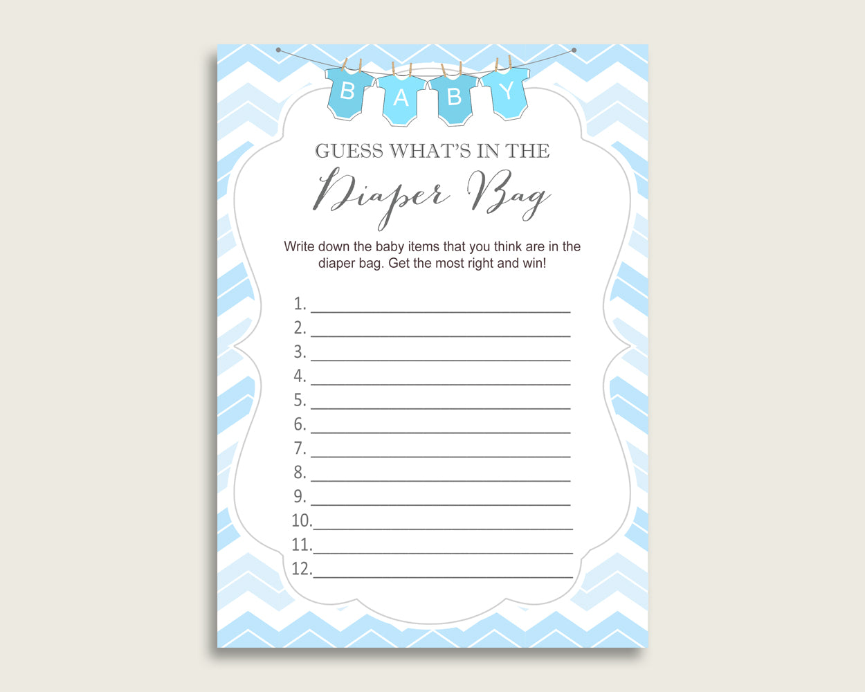 Chevron Guess What's In The Diaper Bag Game, Boy Baby Shower Blue White Diaper Game Printable, Instant Download, Popular Light Blue, cbl01