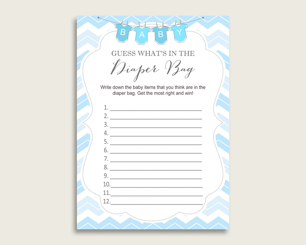 Chevron Guess What's In The Diaper Bag Game, Boy Baby Shower Blue White Diaper Game Printable, Instant Download, Popular Light Blue, cbl01