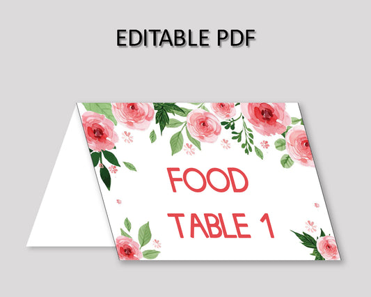 Food Tent Watercolor Flowers Editable Food Tent Watercolor Flowers Buffet Cards Pink Green Place Cards Girl SLEPQ