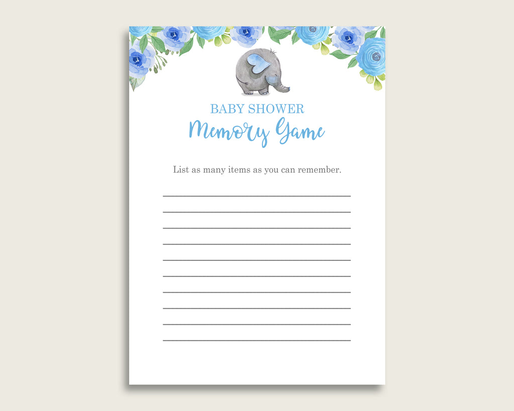 Elephant Blue Baby Shower Memory Game, Blue Gray Memory Guessing Game Printable, Baby Shower Boy, Instant Download, Mammoth Flowers ebl01
