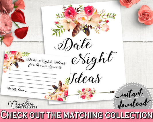 Bohemian Flowers Bridal Shower Date Night Ideas in Pink And Red, cards and sign, pink red, shower activity, party theme, party decor - 06D7T - Digital Product