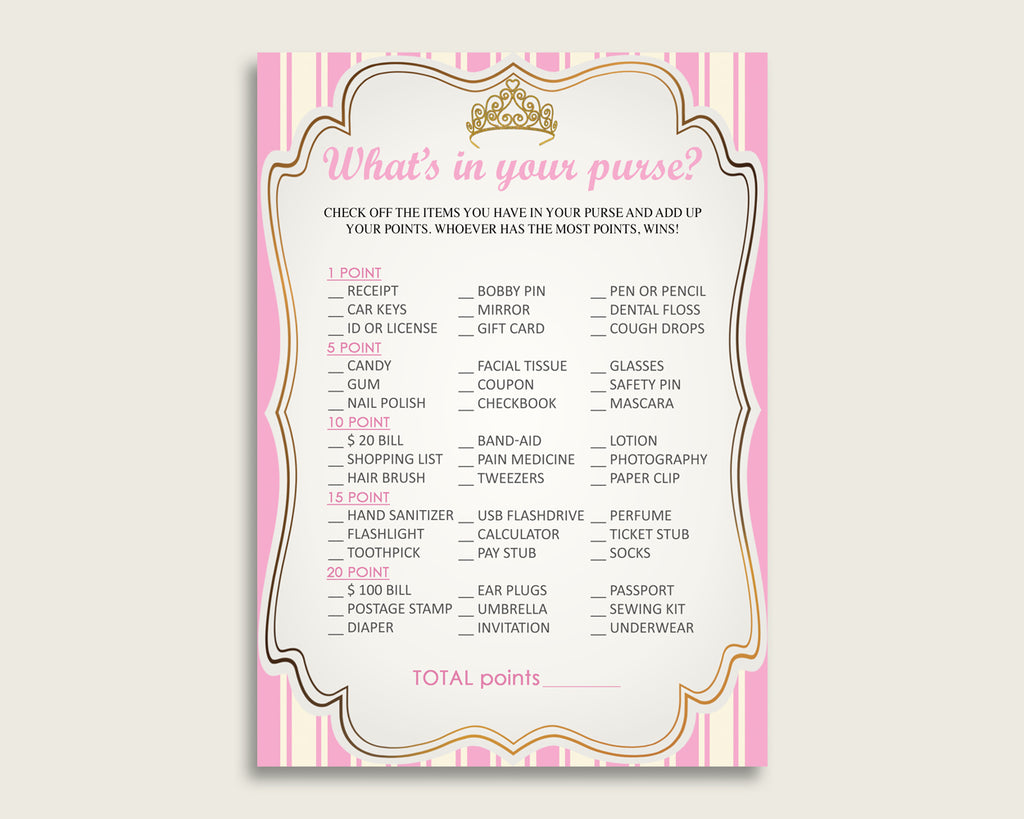 Royal Princess What's In Your Purse Game Printable, Pink Gold Whats In Your Purse, Girl Baby Shower Purse Game, Instant Download, rp002