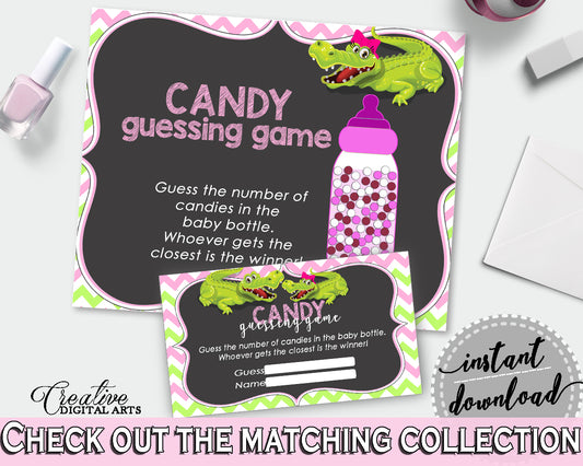 CANDY GUESSING GAME sign and tickets for baby shower with green alligator and pink color theme, instant download - ap001