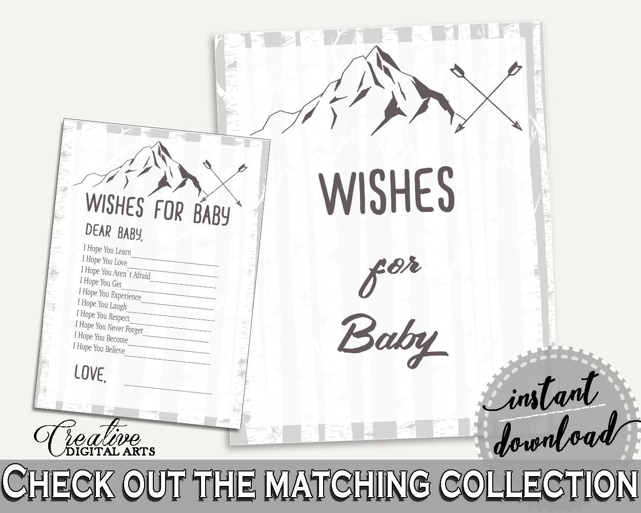 Wishes Baby Shower Wishes Adventure Mountain Baby Shower Wishes Gray White Baby Shower Adventure Mountain Wishes party ideas, prints - S67CJ - Digital Product