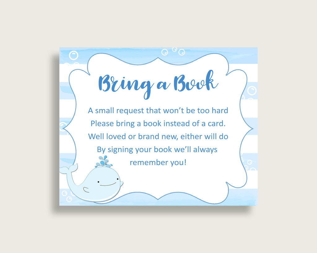 Whale Baby Shower Bring A Book Insert Printable, Boy Blue White Book Request, Whale Books For Baby, Book Instead Of Card, Nautical Sea wbl01