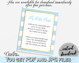 MY WATER BROKE baby shower game with blue and white stripes, glitter gold, digital files jpg pdf, instant download - bs002