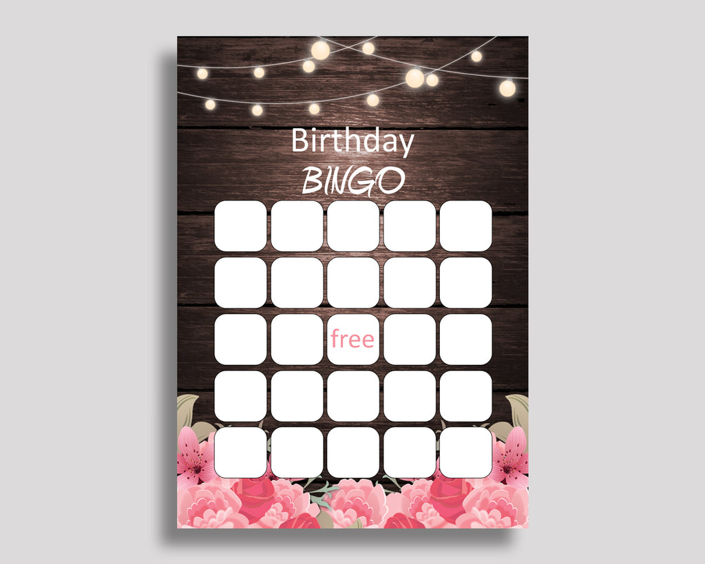 Birthday Game Rustic Gift Bingo Rustic Birthday Bingo Pink Brown Party Activity Girl OE0W8