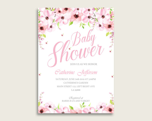 Flower Blush Baby Shower Invitations Printable, Digital Or Printed Invitation Baby Shower Girl, Editable Invitation Pink Green Flowers VH1KL