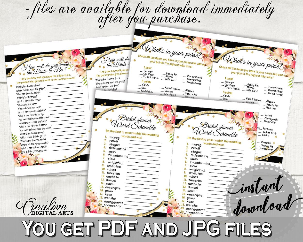 Games Bundle in Flower Bouquet Black Stripes Bridal Shower Black And Gold Theme, shower games, floral assortment, party organization - QMK20 - Digital Product