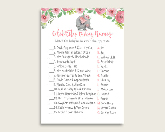 Pink Grey Celebrity Baby Names, Pink Elephant Baby Shower Girl Name Game Printable, Celebrity Match Game, Famous Babies Game ep001