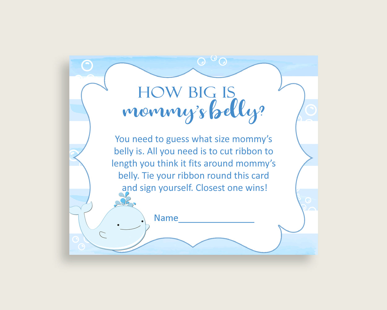 Blue White How Big Is Mommy's Belly Game, Whale Baby Shower Boy, Guess Mommys Belly Size, Mommy Tummy Game, Instant Download, wbl01