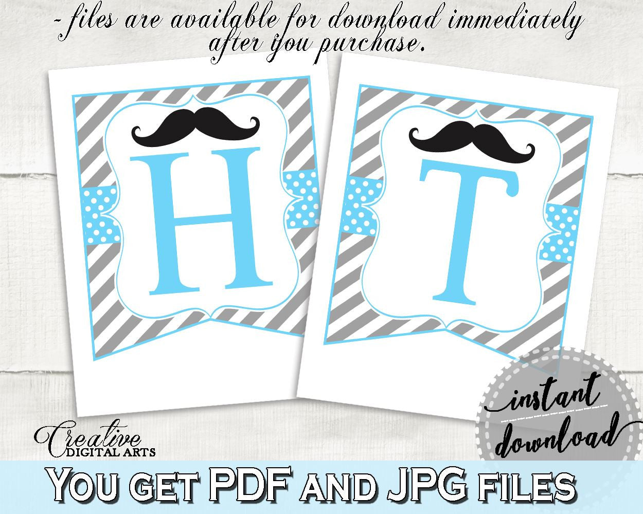 Banner Letters, Baby Shower Banner Letters, Mustache Baby Shower Banner Letters, Baby Shower Mustache Banner Letters Blue Gray - 9P2QW - Digital Product