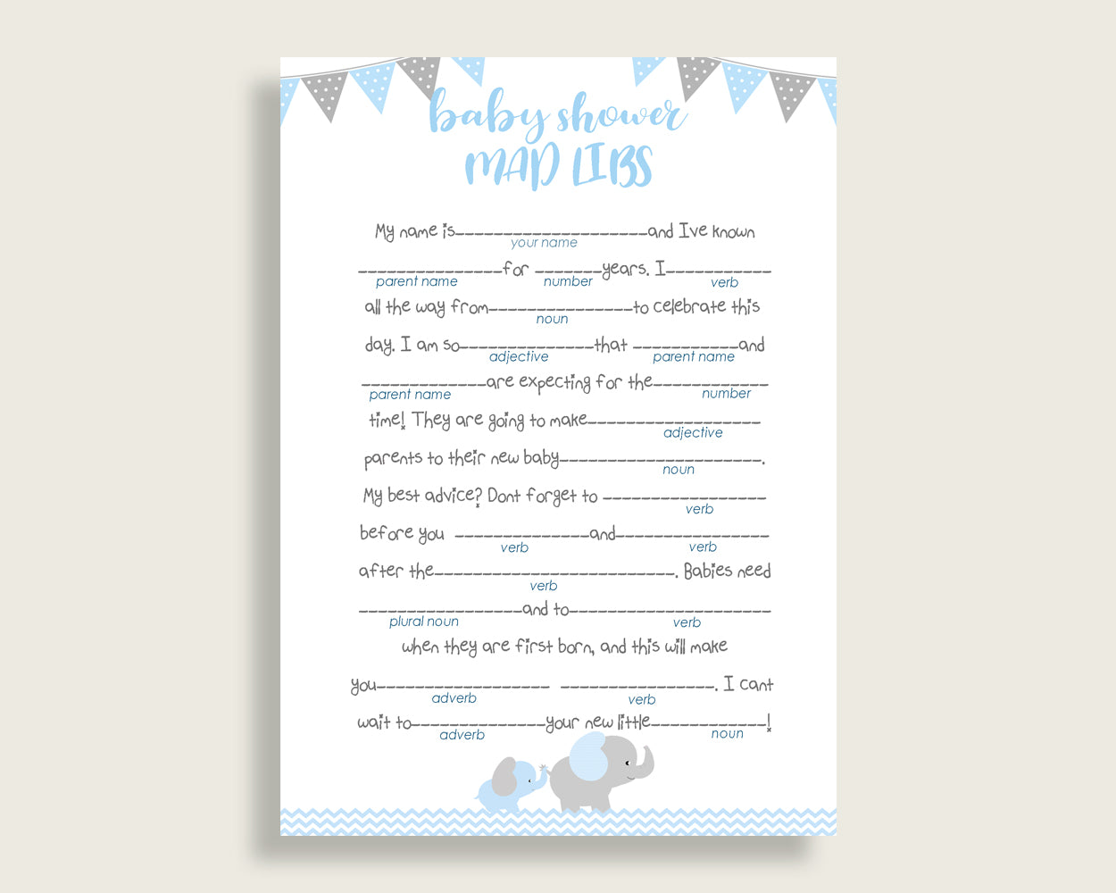 Blue Grey Mad Libs Baby Shower Boy Game Printable, Elephant Mad Libs Fun Activity, DIY digital file, Most Popular Chevron Theme ebl02