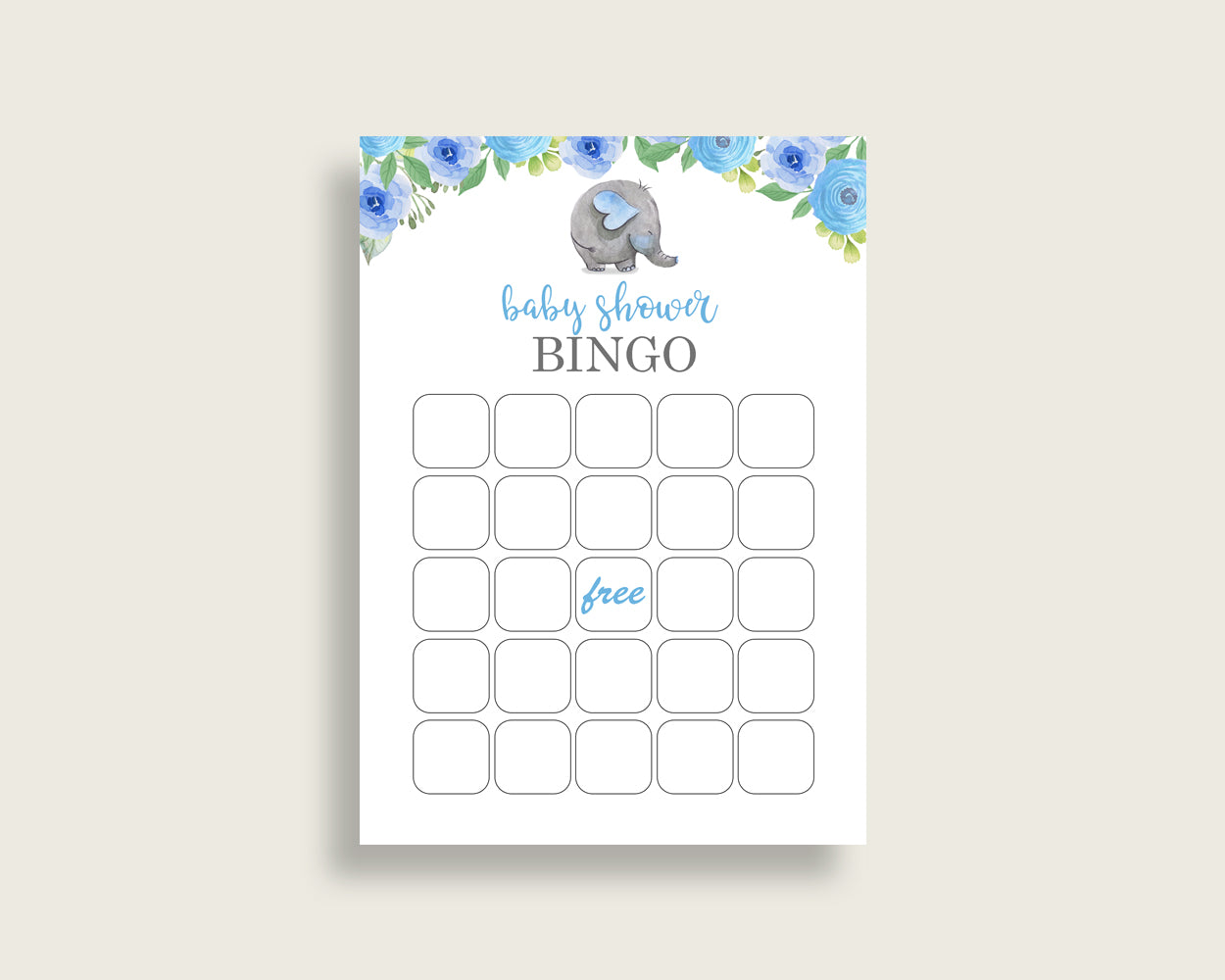 Elephant Blue Baby Shower Bingo Cards Printable, Blue Gray Baby Shower Boy, 60 Prefilled Bingo Game Cards, Cute Elephant Flowers ebl01