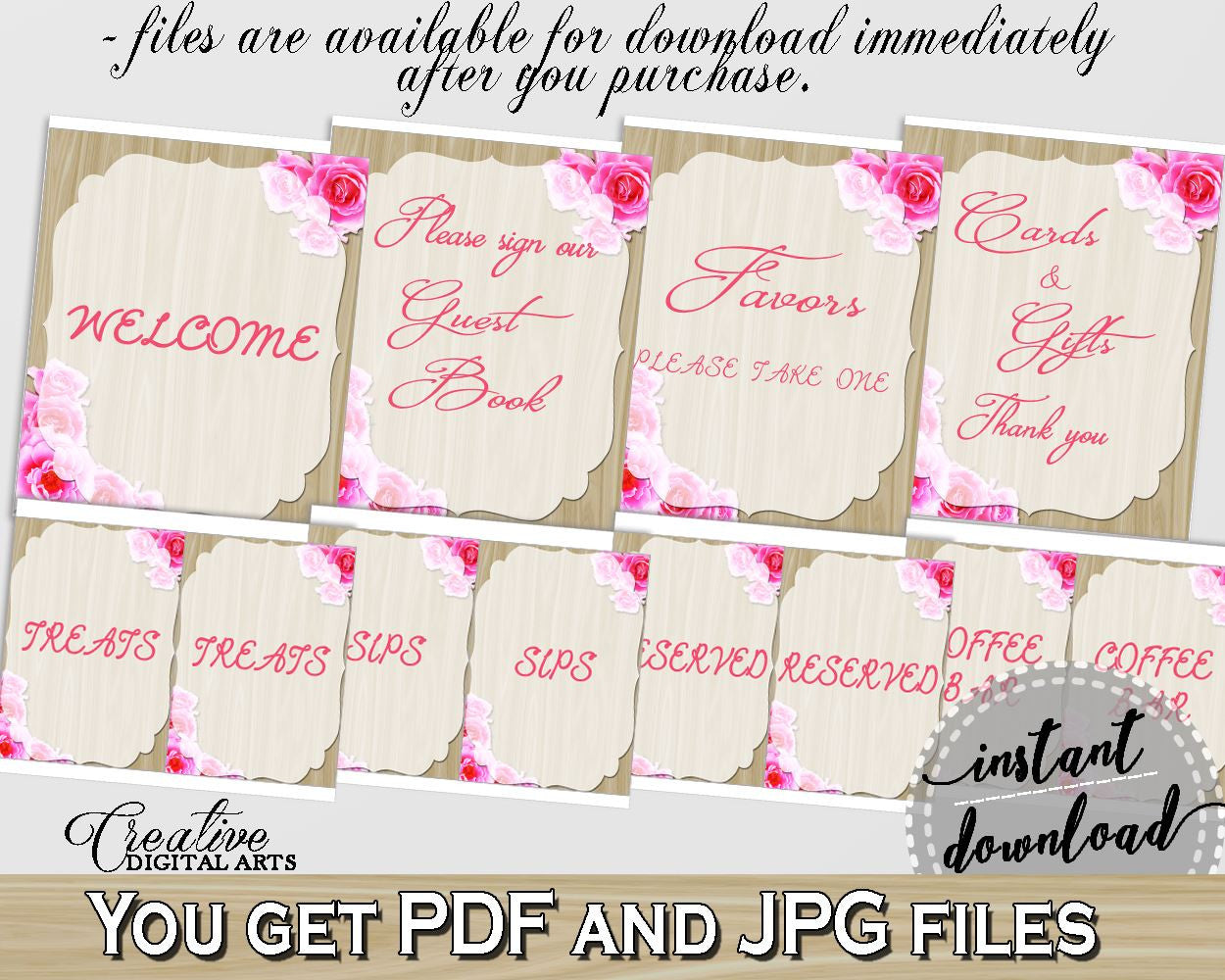 Table Signs Bundle in Roses On Wood Bridal Shower Pink And Beige Theme, reserved sign, beige bridal shower, shower celebration - B9MAI - Digital Product