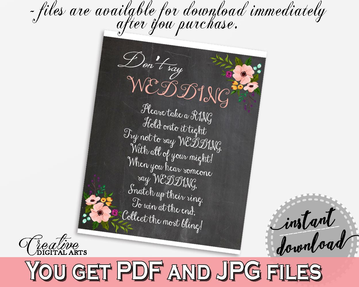 Black And Pink Chalkboard Flowers Bridal Shower Theme: Don't Say Wedding Game - the word wedding, black bridal shower, digital print - RBZRX - Digital Product