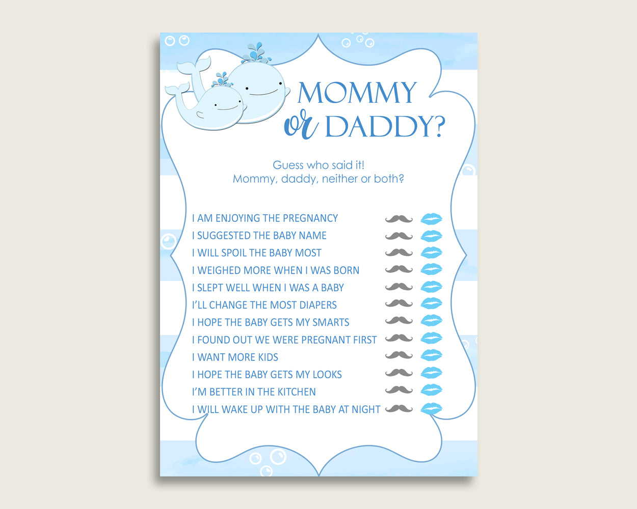 Blue White Mommy Or Daddy Baby Shower Boy Game Printable, Whale Guess Who Said It, He Said She Said, Instant Download, Nautical Sea, wbl01