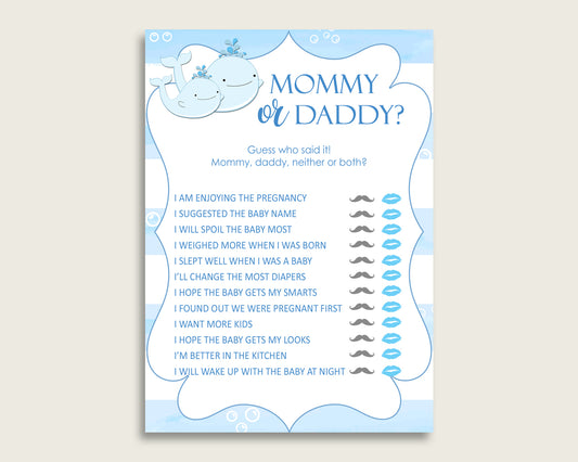 Blue White Mommy Or Daddy Baby Shower Boy Game Printable, Whale Guess Who Said It, He Said She Said, Instant Download, Nautical Sea, wbl01