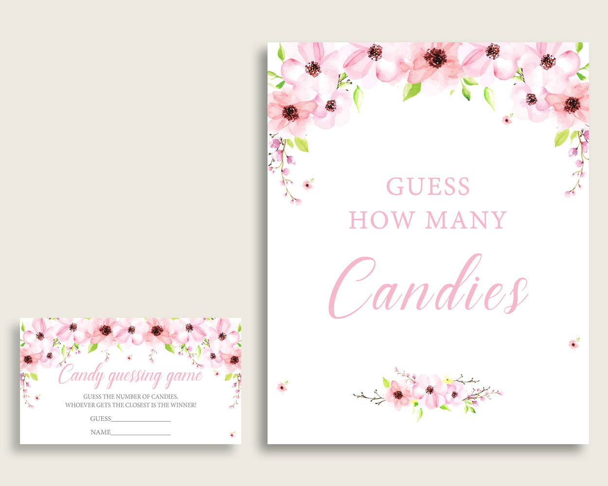 Pink Green Candy Guessing Game, Flower Blush Baby Shower Girl Sign And Cards, Guess How Many Candies, Candy Jar Game, Jelly Beans VH1KL