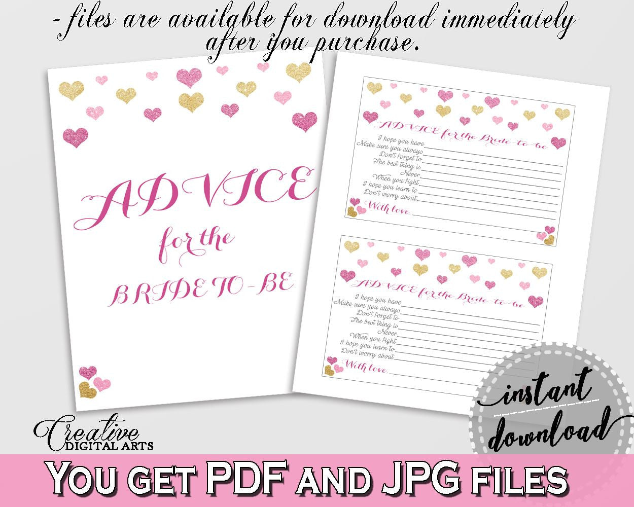 Advice For The Bride To Be in Glitter Hearts Bridal Shower Gold And Pink Theme, advice cards,  lovely bridal shower, party plan - WEE0X - Digital Product