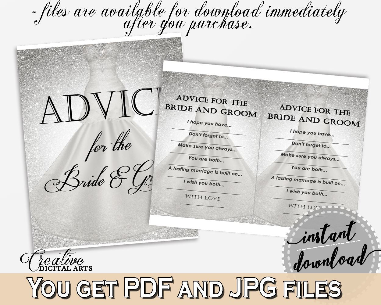 Silver Wedding Dress Bridal Shower Advice For The Bride And Groom in Silver And White, wedding stationary, party stuff, party plan - C0CS5 - Digital Product