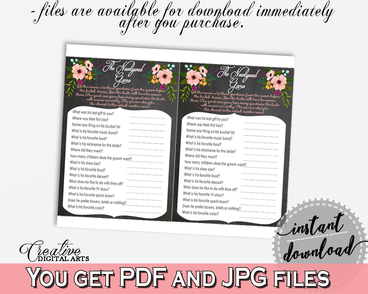 The Newlywed Game in Chalkboard Flowers Bridal Shower Black And Pink Theme, icebreaker game, chalkboard theme, party organizing - RBZRX - Digital Product