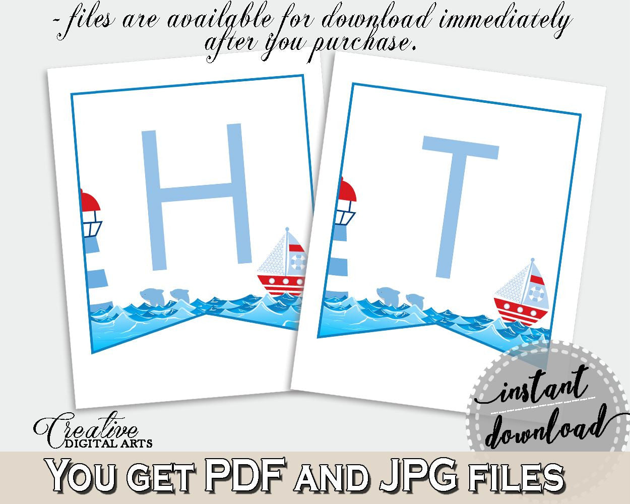 Banner Baby Shower Banner Nautical Baby Shower Banner Baby Shower Nautical Banner Blue Red party theme, customizable files, prints DHTQT - Digital Product