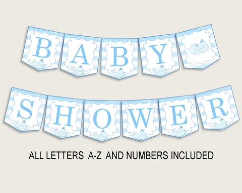 Whale Baby Shower Banner All Letters, Birthday Party Banner Printable A-Z, Blue White Banner Decoration Letters Boy, Light Blue wbl01