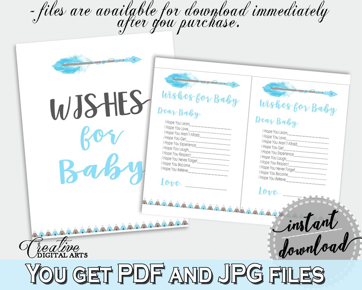 Wishes Baby Shower Wishes Aztec Baby Shower Wishes Blue White Baby Shower Aztec Wishes party supplies, party décor - QAQ18 - Digital Product