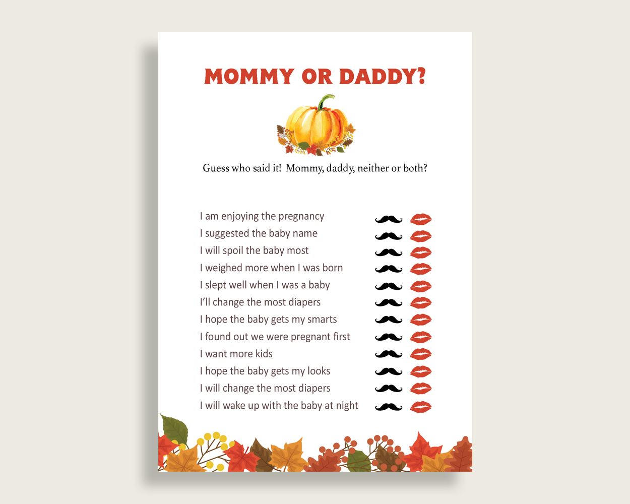 Mommy Or Daddy Baby Shower Mommy Or Daddy Fall Baby Shower Mommy Or Daddy Baby Shower Pumpkin Mommy Or Daddy Orange Brown prints party BPK3D - Digital Product