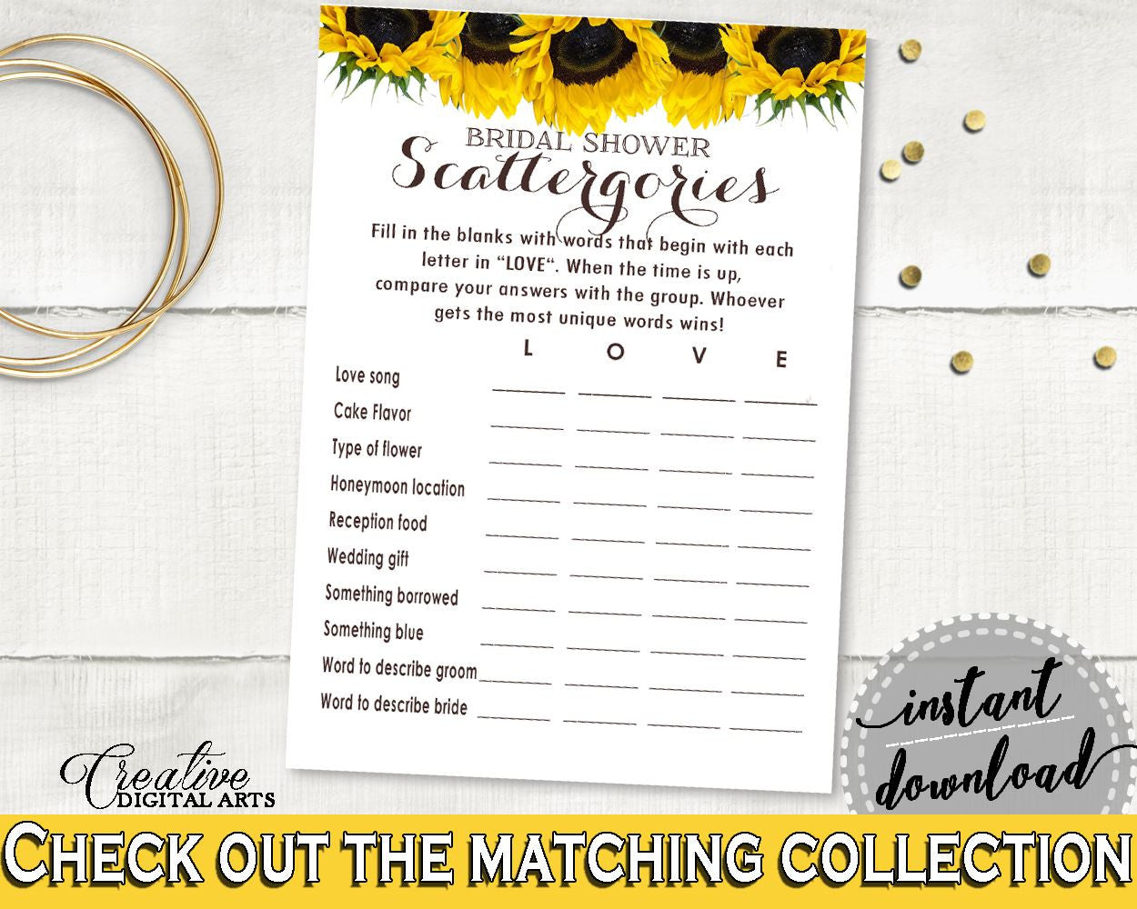 Scattergories Bridal Shower Scattergories Sunflower Bridal Shower Scattergories Bridal Shower Sunflower Scattergories Yellow White pdf SSNP1 - Digital Product