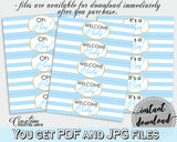 Baby shower printable WATER BOTTLE LABELS with blue and white stripes, digital files Pdf Jpg, instant download - bs002
