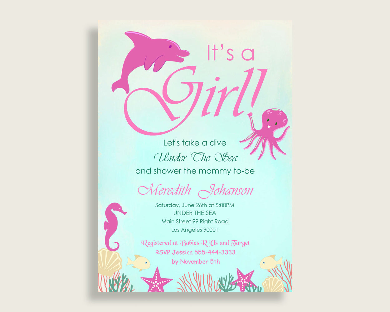 Invitation Baby Shower Invitation Under The Sea Baby Shower Invitation Baby Shower Under The Sea Invitation Pink Green Sea Creatures uts01