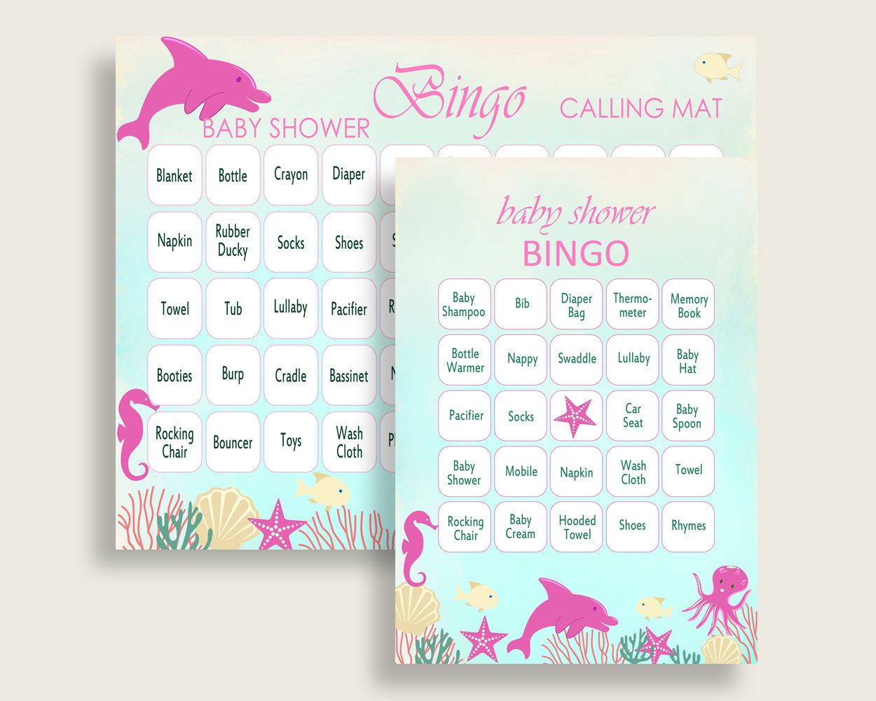 Under The Sea Baby Shower Bingo Cards Printable, Pink Green Baby Shower Girl, 60 Prefilled Bingo Game Cards, Popular Sea Creatures uts01