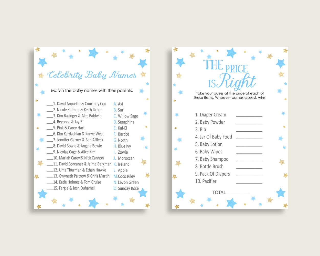 Stars Baby Shower Games Printable Pack, Blue Gold Baby Shower Games Package Boy, Stars Games Bundle Set, Instant Download, Little Star bsr01