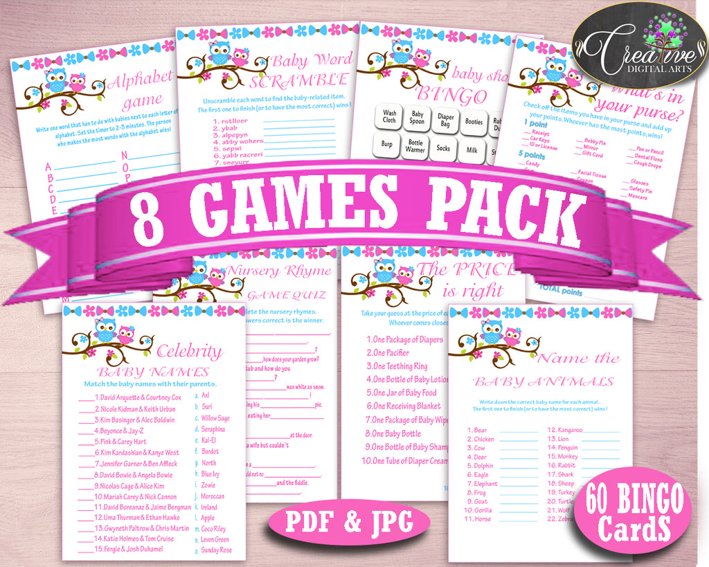 Games Baby Shower Games Owl Baby Shower Games Baby Shower Owl Games Pink Blue party planning pdf jpg party decorations prints owt01