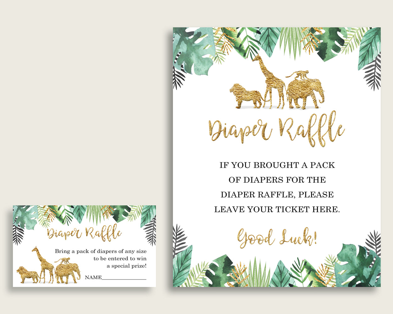 Jungle Baby Shower Diaper Raffle Tickets Game, Gender Neutral Gold Green Diaper Raffle Card Insert and Sign Printable, Instant EJRED