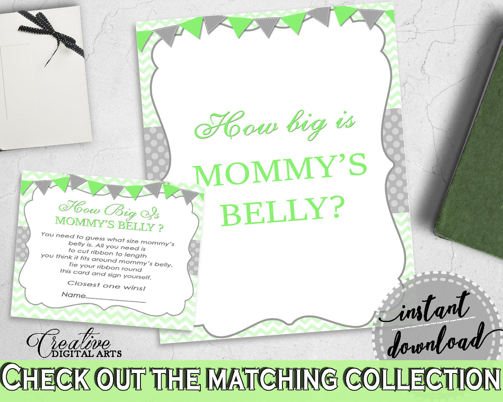 How Big Is MOMMY'S BELLY baby boy girl shower game with chevron green theme printable, Jpg Pdf, instant download - cgr01