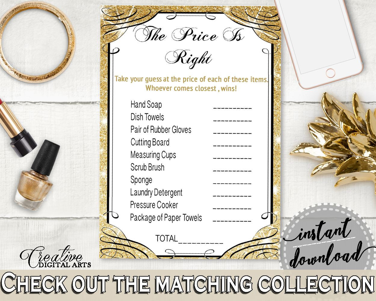 The Price Is Right Game in Glittering Gold Bridal Shower Gold And Yellow Theme, bridal shower price, flashy bridal, party supplies - JTD7P - Digital Product