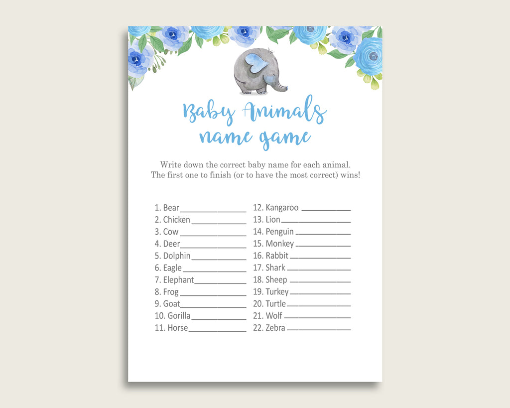 Elephant Blue Name The Baby Animals Game Printable, Blue Gray Baby Shower Animal Game, Boy Baby Shower, Instant Download, Mammoth, ebl01