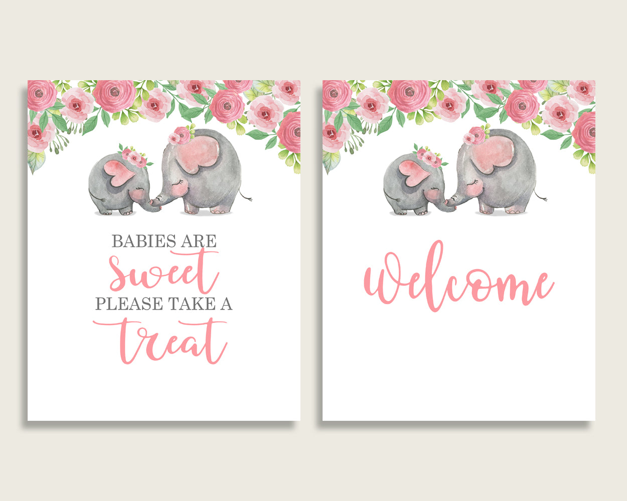 Pink Elephant Baby Shower Girl Table Signs Printable, Pink Grey Party Table Decor, Favors, Food, Drink, Treat, Guest Book, Instant ep001