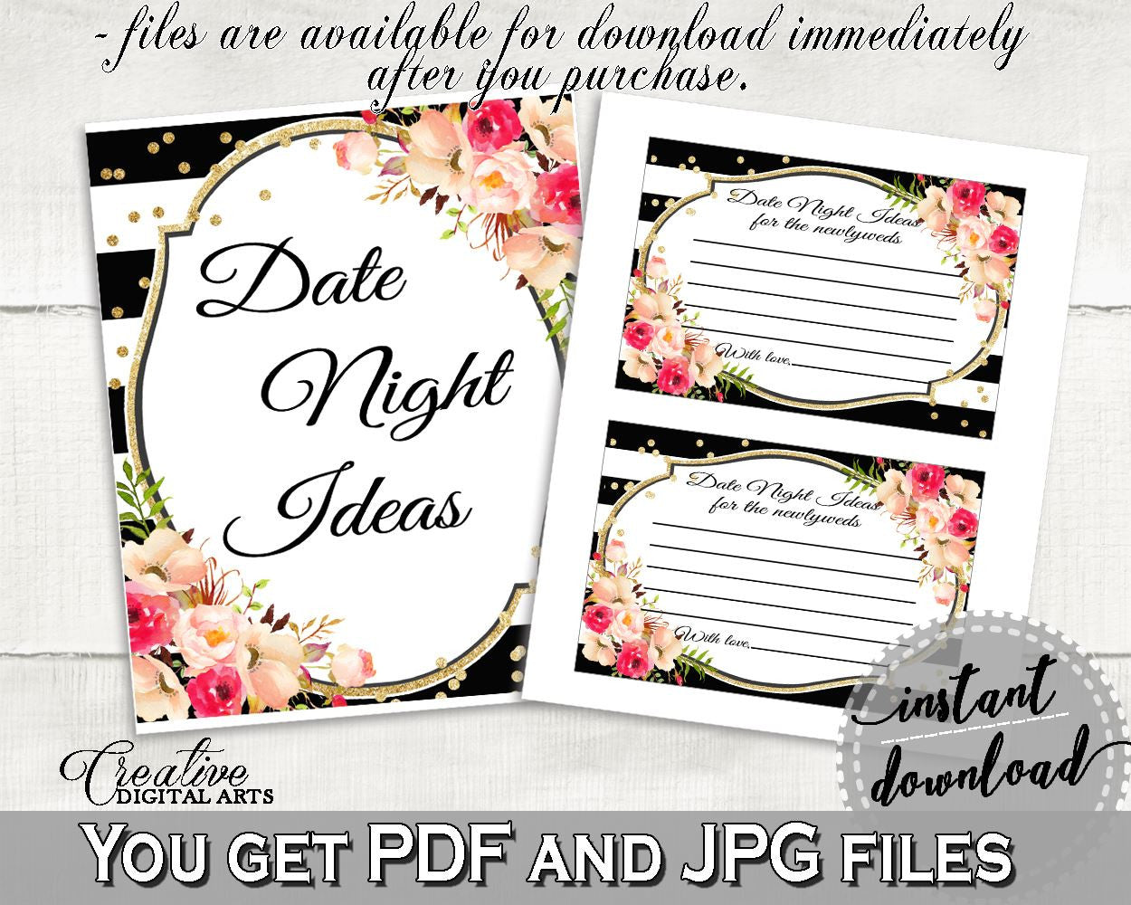 Date Night Ideas in Flower Bouquet Black Stripes Bridal Shower Black And Gold Theme, hens night, black strips, party plan, prints - QMK20 - Digital Product