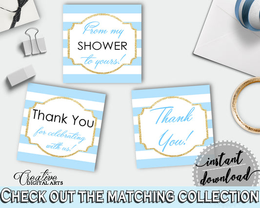 Baby shower printable THANK YOU favor tags, square with blue and white stripes for boys, digital files, instant download - bs002