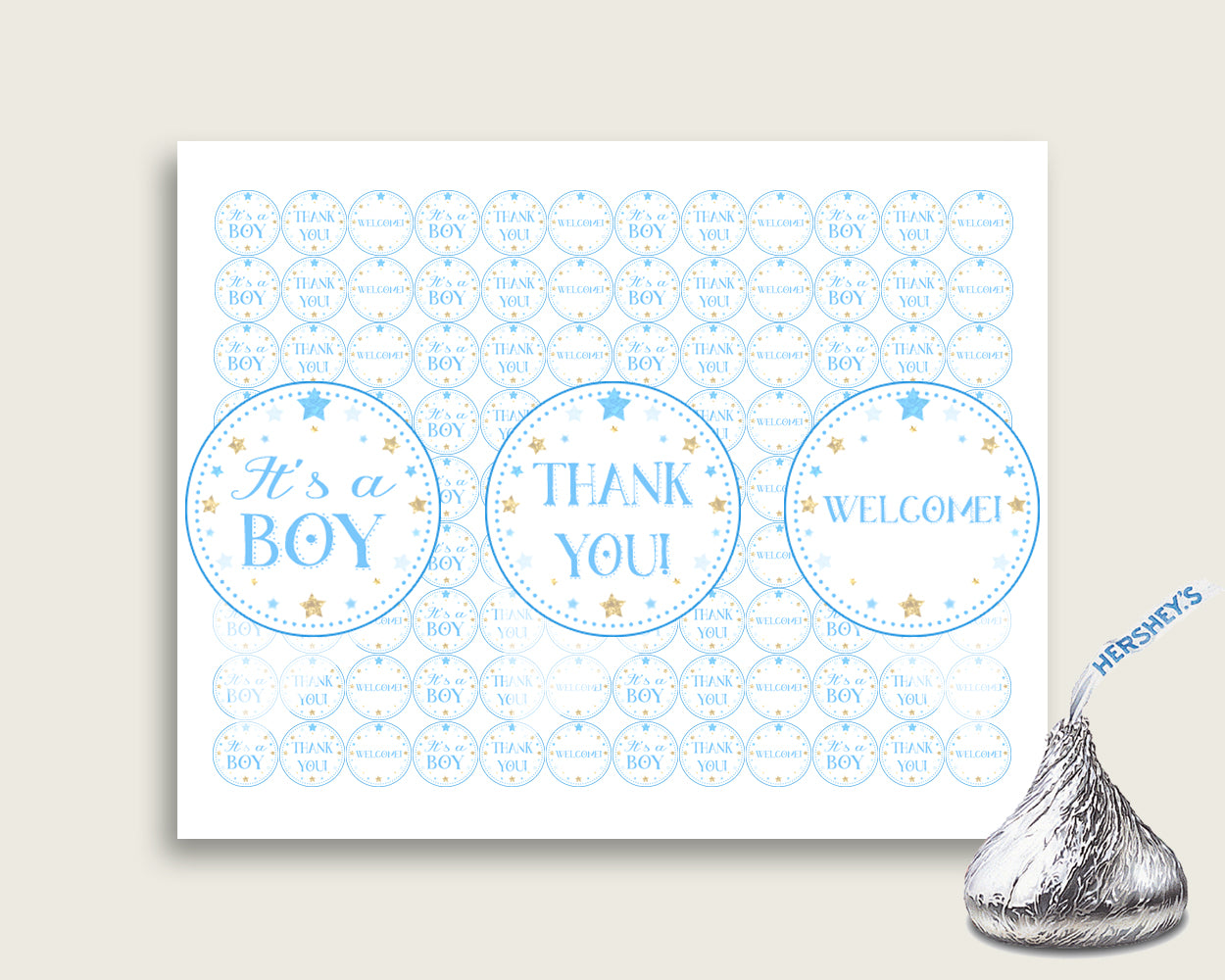 Stars Hershey Kisses Circle Printable, Blue Gold Hershey Kisses Labels Round Digital, Boy Baby Shower, Instant Download, Little Star, bsr01