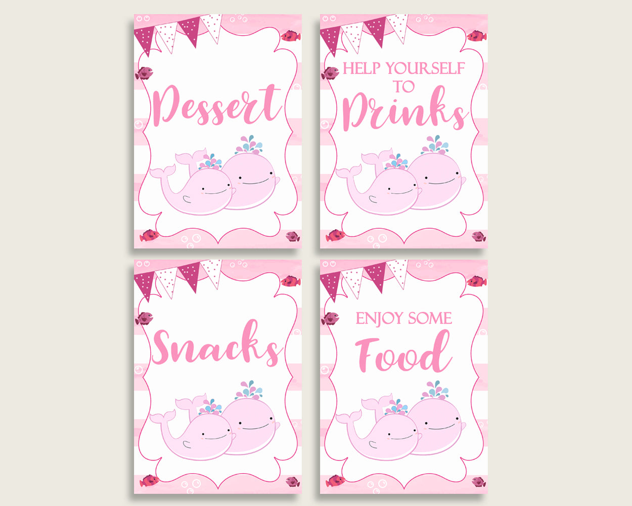 Pink Whale Baby Shower Girl Table Signs Printable, Pink White Party Table Decor, Favors, Food, Drink, Treat, Guest Book, Instant wbl02